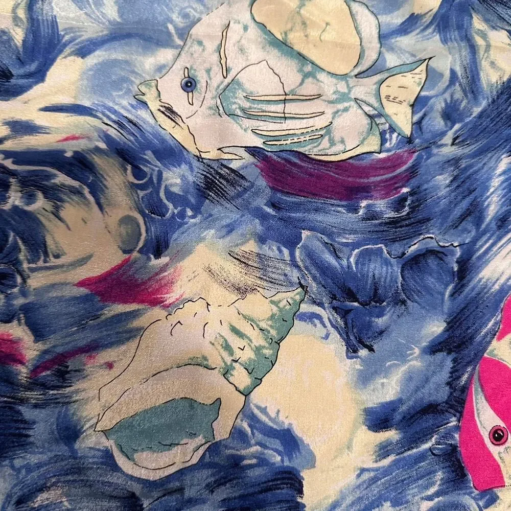 100% Silk Vintage Women's Coastal Style Fish Scarf Beach Nautical